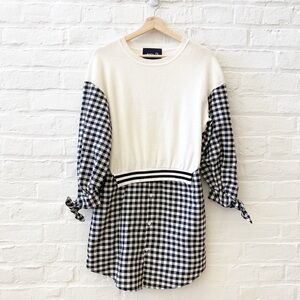 Antic Q || Layered Plaid Shirt + Sweater Mini Dress New York Black White